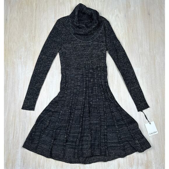 NWT Calvin Klein Cowl Neck Fit & Flare Marled Knit Casual Sweater Dress Medium - Picture 1 of 16